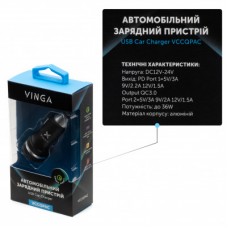 Зарядний пристрій Vinga QC3.0 + PD Quick Car Charger aluminium 36W Max black (VCCQPAC) - Фото