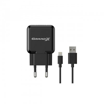 Зарядний пристрій Grand-X 1*USB, 2,1A, Black, + cable USB -> Lightning, Cu, 2.1 А, 1 m (CH03LTB)
