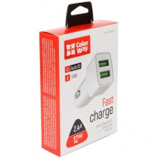 Зарядний пристрій ColorWay 2 USB AUTO ID 2.4 A (12W) white (CW-CHA009-WT) - Фото