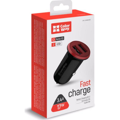 Зарядний пристрій ColorWay 2 USB AUTO ID 3.4 A (17 W) red/black (CW-CHA026-BK)