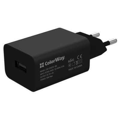 Зарядний пристрій ColorWay 1 USB AUTO ID 2 A (10 W) black + cable Type C (CW-CHS012CC-BK)