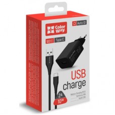 Зарядний пристрій ColorWay 1 USB AUTO ID 2 A (10 W) black + cable Type C (CW-CHS012CC-BK) - Фото