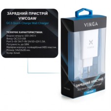 Зарядний пристрій Vinga QC3.0 Quick Wall Charger 1xUSB 18W Max (VWCQAW) - Фото