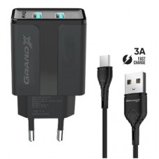 Зарядное устройство Grand-X CH-15T 5V 2,4A 2USB Black + cable USB -> Type-C (CH-15T)
