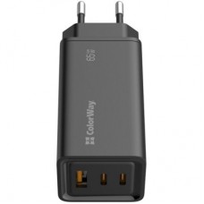 Зарядний пристрій ColorWay GaN3 Pro Power Delivery (USB-A + 2 USB TYPE-C) (65 W) (CW-CHS039PD-BK) - Фото