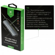Концентратор Vinga USB Type-C 3.1 to HDMI+USB3.0+USB 2.0+SD/microSD+PD 6in1 (VHC6) - Фото
