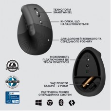 Мышка Logitech Lift Vertical Ergonomic Wireless/Bluetooth for Business Graphite (910-006494) - Фото