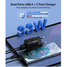 Зарядний пристрій Choetech GaN USB-A/USB-C 33 W QC 3.0/PD/PPS (PD5006-EU-BK) - Фото