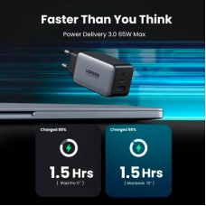 Зарядний пристрій Ugreen 3xUSB 65 W GaN (2xUSB-C+USB-A) CD244 Grey (10335) - Фото