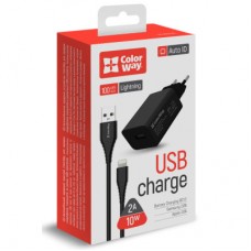 Зарядное устройство ColorWay 1USB AUTO ID 2A (10W) black + cable Lightning (CW-CHS012CL-BK) - Фото