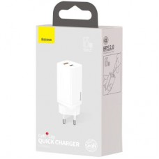 Зарядний пристрій Baseus 2xUSB 65 W GaN (USB-C+USB-A) white (CCGAN2L-B02) - Фото