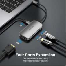 Концентратор Vention USB3.1 Type-C —> HDMI/VGA/USB 3.0/PD 100W Hub 4-in-1 (TOAHB) - Фото