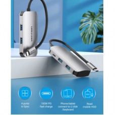 Концентратор Vention USB3.1 Type-C —> USB 3.0x4/PD 100W Hub 5-in-1 (TNBHB) - Фото