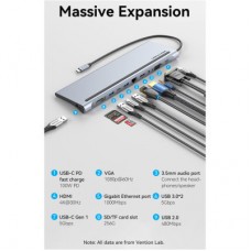 Концентратор VENTION USB3.1 Type-C to HDMI/VGA/USB-C/USB3.0x3/RJ45/SD/TF/TRRS 3.5mm/PD 100W 11in1 (THTHC) - Фото