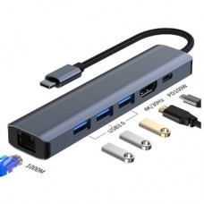 Концентратор Dynamode 7-in-1 USB-C to HDTV 4K/30Hz, 2хUSB3.0, RJ45, USB-C PD 100W, SD/MicroSD (BYL-2303) - Фото
