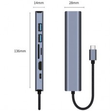 Концентратор Dynamode 7-in-1 USB-C to HDTV 4K/30Hz, 2хUSB3.0, RJ45, USB-C PD 100W, SD/MicroSD (BYL-2303) - Фото