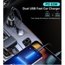 Зарядний пристрій Choetech car USB-A/USB-C 63W QC3.0/PD/PPS black (TC0010-BK) - Фото