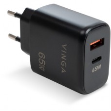 Зарядний пристрій Vinga GaN 65 W PD+QC 1C1A ports Wall Charger (VCPCHCA65B) - Фото