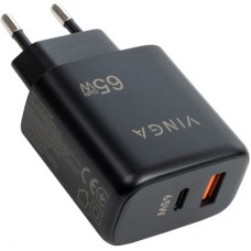 Зарядний пристрій Vinga GaN 65 W PD+QC 1C1A ports Wall Charger (VCPCHCA65B) - Фото