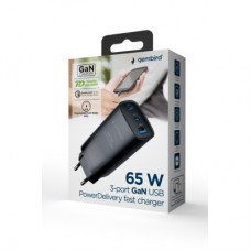Зарядний пристрій Gembird USB-A + 2xType-C (PD18W + QC3.0 27 W) black (TA-UC-PDQC65-01-BK) - Фото