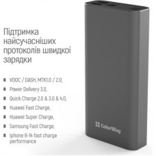 Батарея универсальная ColorWay 20 000 mAh PD/20W, QC/3.0, USB-C/Micro-USB/Lightning/USB-A max.22.5W Gray - Фото