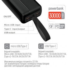 Батарея универсальная ColorWay 30 000 mAh High-power 2 PD/20W, QC/3.0, USB-C/Micro-USB (CW-PB300LPC2BK-PD) - Фото