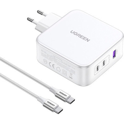 Зарядний пристрій Ugreen 3xUSB 140 W GaN (2xUSB-C+USB-A) CD289 with C to Cable 1.5 м White (15339)