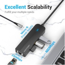 Концентратор Vention USB 3.1 Type-C to 3xUSB 2.0+MicroUSB+RJ45 100M Ethernet black (TGOBB) - Фото