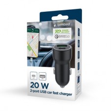 Зарядний пристрій Gembird 1xUSB-A (18W QC3.0) + 1xUSB-C (20 W PD) black (TA-UC-A2PDQC20-CAR-01) - Фото