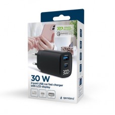 Зарядное устройство Gembird 1xUSB-A (QC3.0 18W) + 1 Type-C (PD20W) LCD black (TA-UC-PDQC30LCD-BK-01) - Фото
