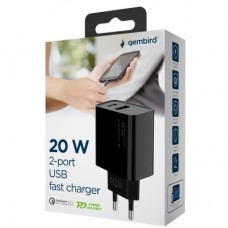 Зарядний пристрій Gembird 1xUSB-A + 1 Type-C (PD20 Вт + QC3.0 18 Вт) black (TA-UC-PDQC20-01-BK) - Фото