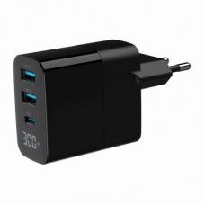 Зарядний пристрій Gembird 2xUSB-A (QC3.0 18 W) + 1хType-C (PD20W) LCD black (TA-UC-PDQC30LCD-BK-02) - Фото