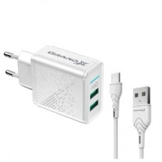Зарядное устройство Grand-X CH-60WT 2USB 5V 3.1A + USB-C cable (CH-60WT) - Фото