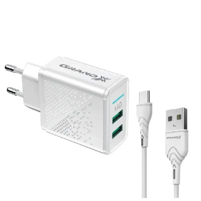 Зарядное устройство Grand-X CH-60WT 2USB 5V 3.1A + USB-C cable (CH-60WT)