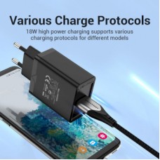 Зарядний пристрій Vention 1xUSB 18 W (USB-A) QC3.0 black (FABB0-EU) - Фото