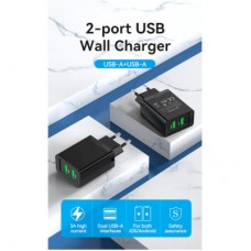 Зарядний пристрій Vention 2xUSB 36 W (2xUSB-A) QC3.0 black (FBAB0-EU) - Фото