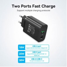 Зарядний пристрій Vention 2xUSB 38 W (USB-C+USB-A) PD+QC3.0 black (FBIB0-EU) - Фото