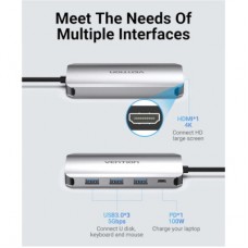 Концентратор Vention USB 3.1 Type-C to HDM/USB 3.0х3//PD 100W 5-in-1 (THFHB) - Фото