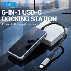 Концентратор Vention USB 3.1 Type-C to HDMI 4K60Hz/USB 3.0х3/RJ45/PD 87W 6-in-1 Mirrored Surface (TFFHB) - Фото
