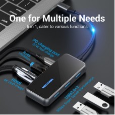 Концентратор Vention USB 3.1 Type-C to HDMI 4K60Hz/USB 3.0х3/RJ45/PD 87W 6-in-1 Mirrored Surface (TFFHB) - Фото