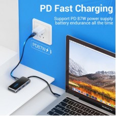 Концентратор Vention USB 3.1 Type-C to HDMI 4K60Hz/USB 3.0х3/RJ45/PD 87W 6-in-1 Mirrored Surface (TFFHB) - Фото