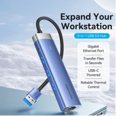 Концентратор Vention USB 3.0 to USB 3.0x3/RJ45/Type-C Hub Blue Aluminum Alloy 5-in-1 (TGFSB) - Фото