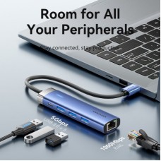 Концентратор Vention USB 3.0 to USB 3.0x3/RJ45/Type-C Hub Blue Aluminum Alloy 5-in-1 (TGFSB) - Фото