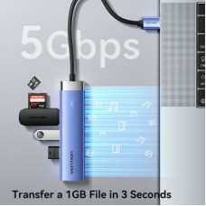Концентратор Vention USB 3.0 to USB 3.0x3/RJ45/Type-C Hub Blue Aluminum Alloy 5-in-1 (TGFSB) - Фото