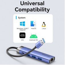 Концентратор Vention USB 3.0 to USB 3.0x3/RJ45/Type-C Hub Blue Aluminum Alloy 5-in-1 (TGFSB) - Фото