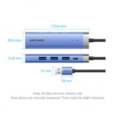 Концентратор Vention USB 3.0 to USB 3.0x3/RJ45/Type-C Hub Blue Aluminum Alloy 5-in-1 (TGFSB) - Фото