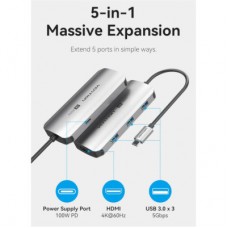 Концентратор Vention USB 3.1 Type-C to HDMI 4K60Hz/USB 3.0x3/PD 100W 5-in-1 (TQDHB) - Фото