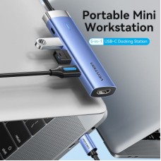 Концентратор Vention USB 3.1 Type-C to HDMI/USB 3.0x3/PD 100W Blue Aluminum Alloy Hub 5-in-1 (TGESB) - Фото