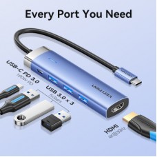 Концентратор Vention USB 3.1 Type-C to HDMI/USB 3.0x3/PD 100W Blue Aluminum Alloy Hub 5-in-1 (TGESB) - Фото