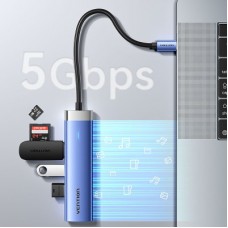 Концентратор Vention USB 3.1 Type-C to HDMI/USB 3.0x3/PD 100W Blue Aluminum Alloy Hub 5-in-1 (TGESB) - Фото